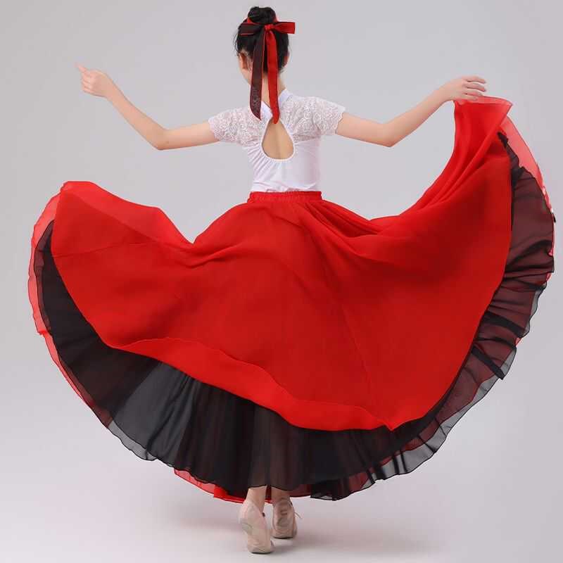 儿童720度大摆裙两面穿半身裙民族舞蹈裙古典舞裙雪纺双层开叉裙