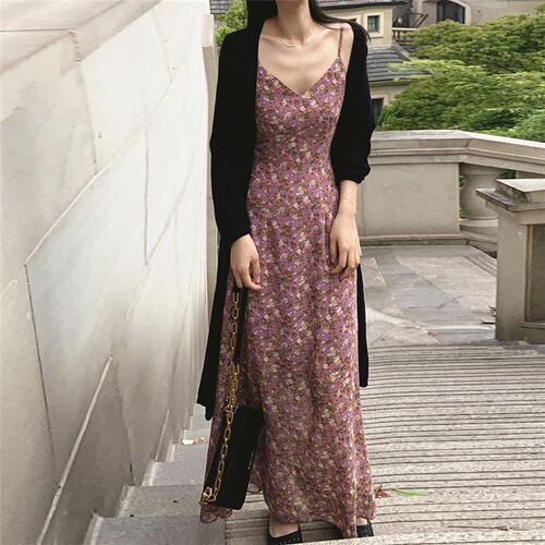 泫雅紫色雪纺连衣裙 夏长款过脚踝翠花裙 油画性感V领碎花吊带裙