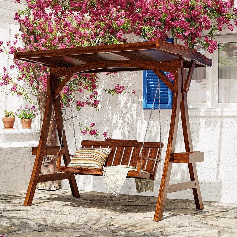 多人木质防雨秋千室外别墅庭院家具户外带蓬实木秋千顶床可躺公园