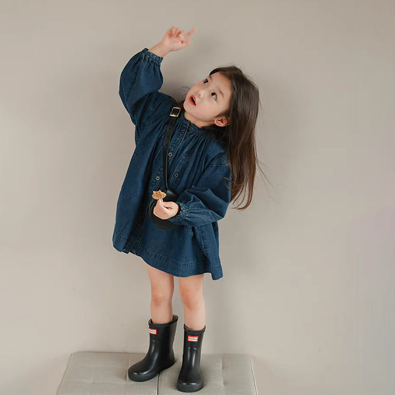 女童小立领宽松衬衫牛仔衬衫裙子2023春季新款女孩上衣宝宝衬衣裙