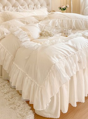 仙气法式公主e风白色四件套纯棉全棉床裙轻奢高级感雪纺荷叶边被