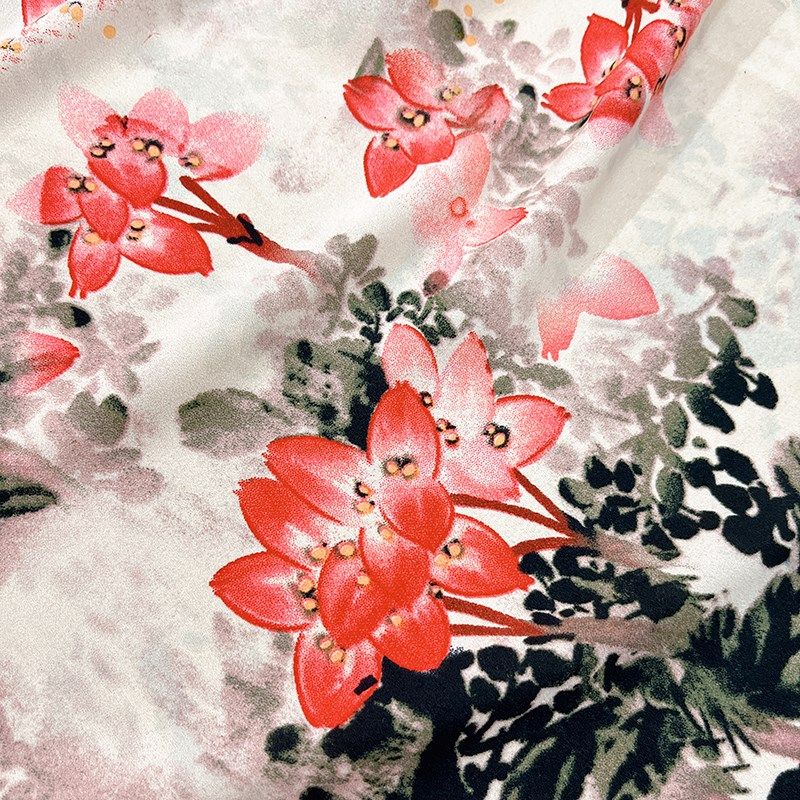 红色兰花雪纺布料夏季diy手工印花垂感连衣裙旗袍衬衫服装面料新