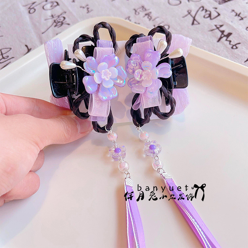 儿童古风头饰流苏发夹女童可爱花朵珍珠超萌抓夹宝宝汉服头饰发卡