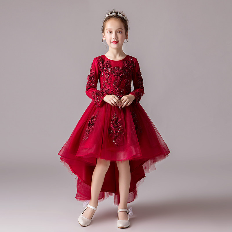 红色公主裙女童蓬蓬纱花童礼服生日小女孩儿童钢琴演出服长袖秋冬