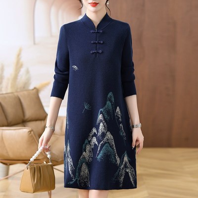 妈妈装毛衣旗袍中长款打底衫气质中老年女装秋冬装大码羊毛连衣裙