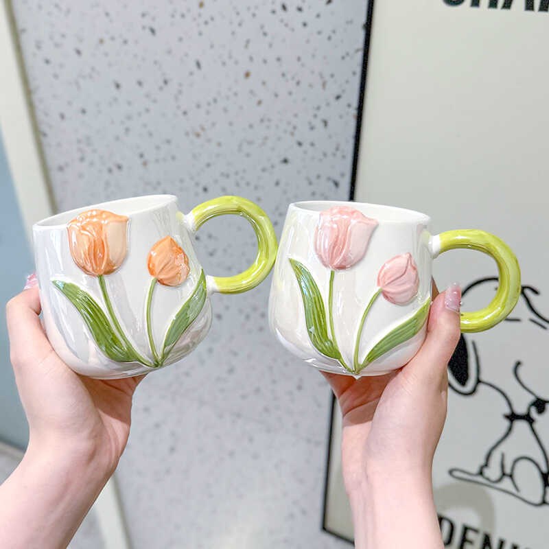 郁金香陶瓷杯女生高颜值带勺马克杯奶fufu大容量办公室咖啡杯韩式