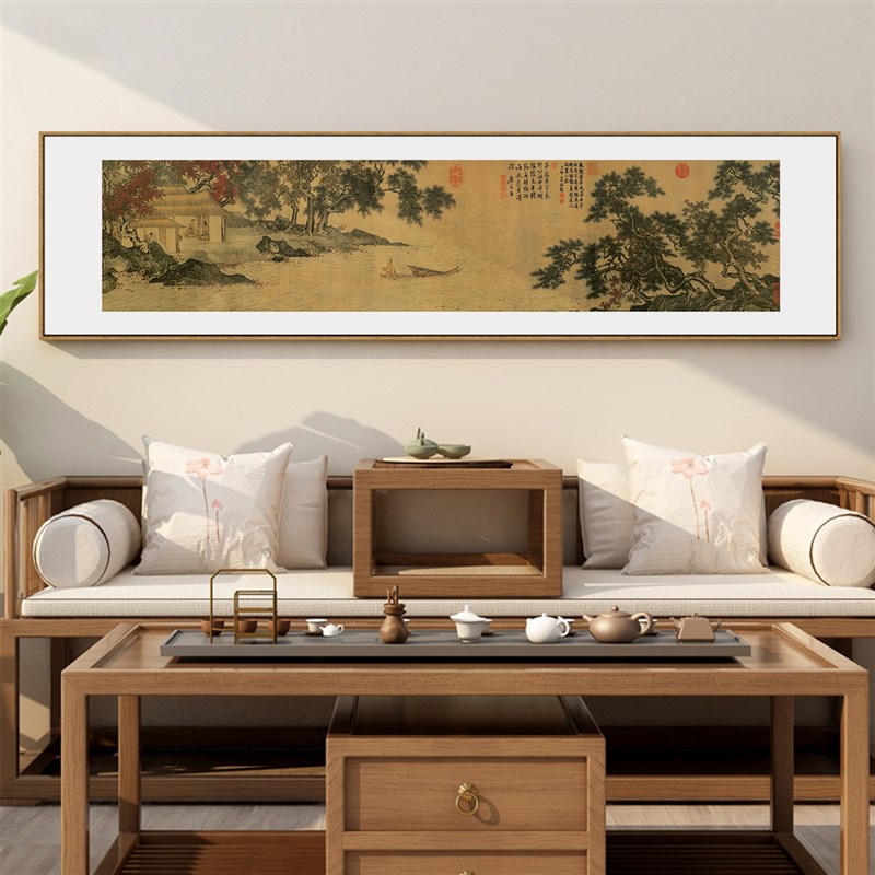 唐伯虎国画横幅山水画新中式客厅装饰画茶室古画办公室背景墙挂画