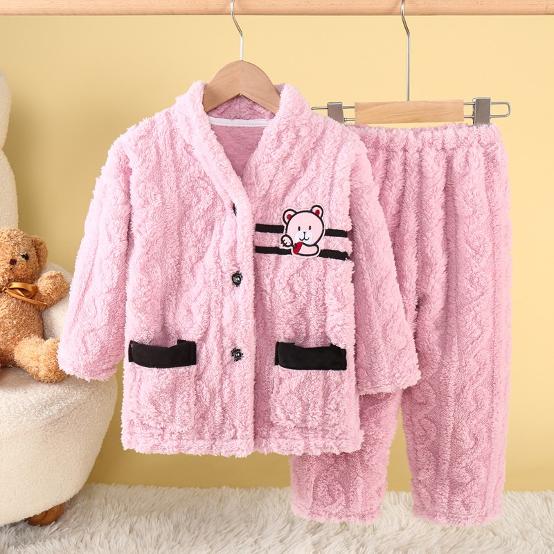 儿童秋冬季法兰绒睡衣男童男孩中大童加绒加厚珊瑚绒女宝宝家居服