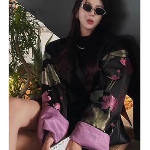 显瘦百搭2024春秋新中式复古国风上衣黑色花朵宽松大码内搭卫衣女