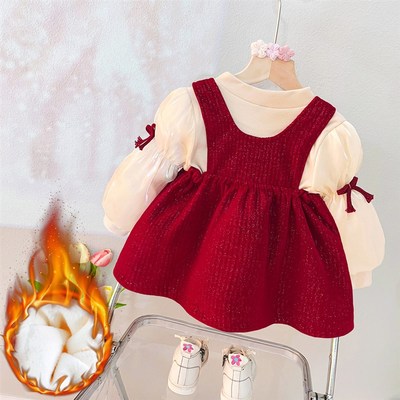 女童加绒连衣裙冬装洋气儿童公主裙一周岁宝宝礼服抓周宴套装秋冬