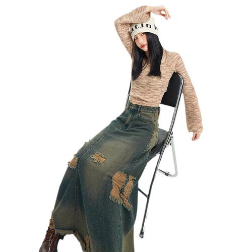 OROI复古A字做旧毛边牛仔半身裙女新款破洞高腰显瘦宽松破洞裙子