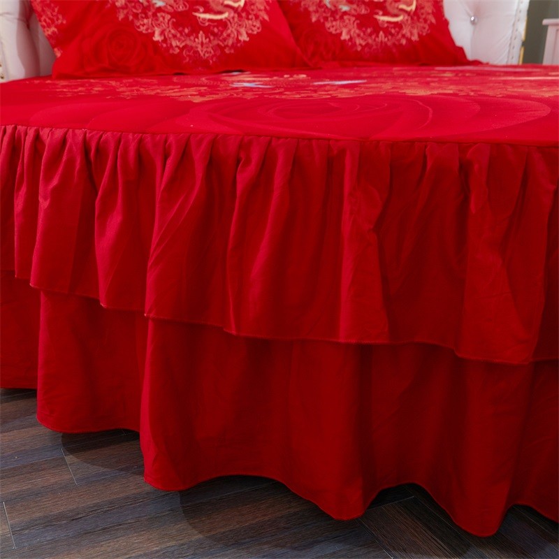 全棉加厚磨毛四件套2米圆床上用品套件大红结婚4套件防滑圆形床裙