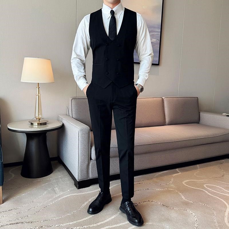 春秋季男式双排扣单马甲西裤两件套修身西装马夹裤子套装宴会礼服