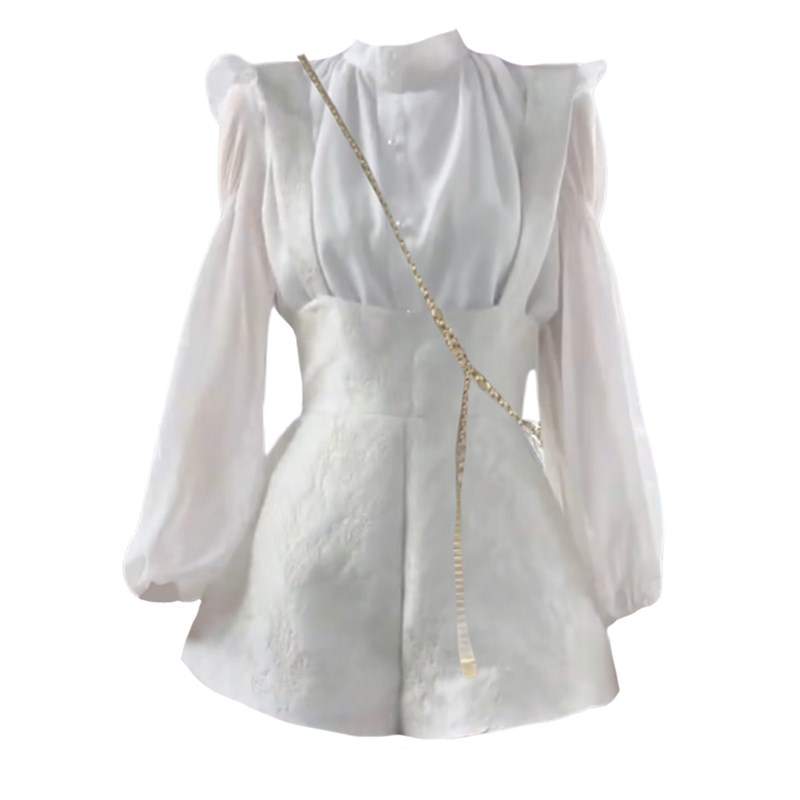 大码胖妹妹法式温柔风复古提花可调节背带裤+气质白衬衫套装女装