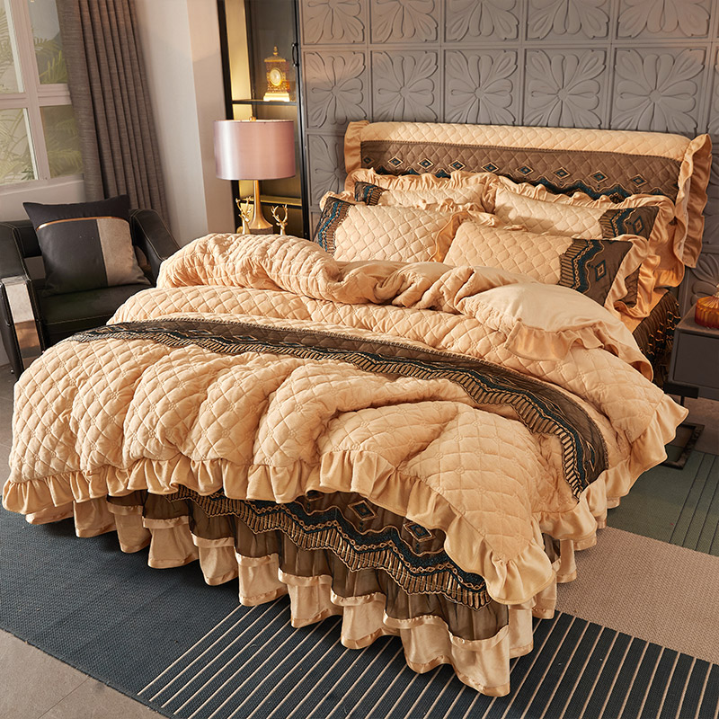 欧式水晶绒四件套冬季夹棉床裙款珊瑚绒法兰绒法莱绒被套床上用品