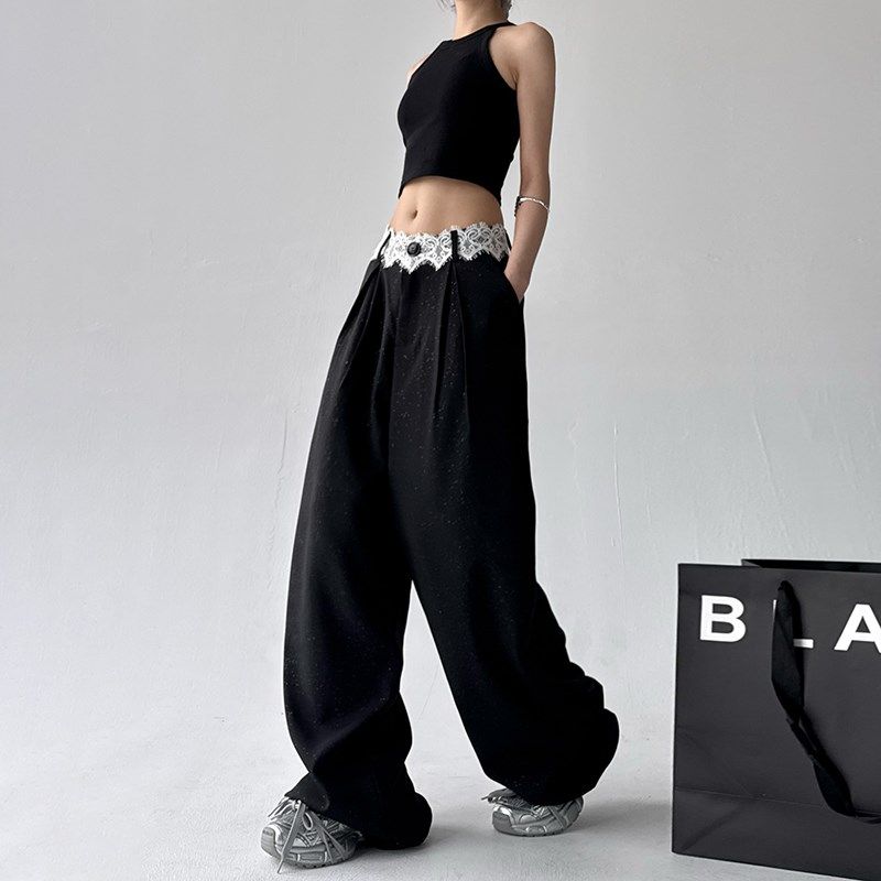 今年流行的黑色蕾丝高腰西装阔腿直筒裤子女2025新款早春季高个子