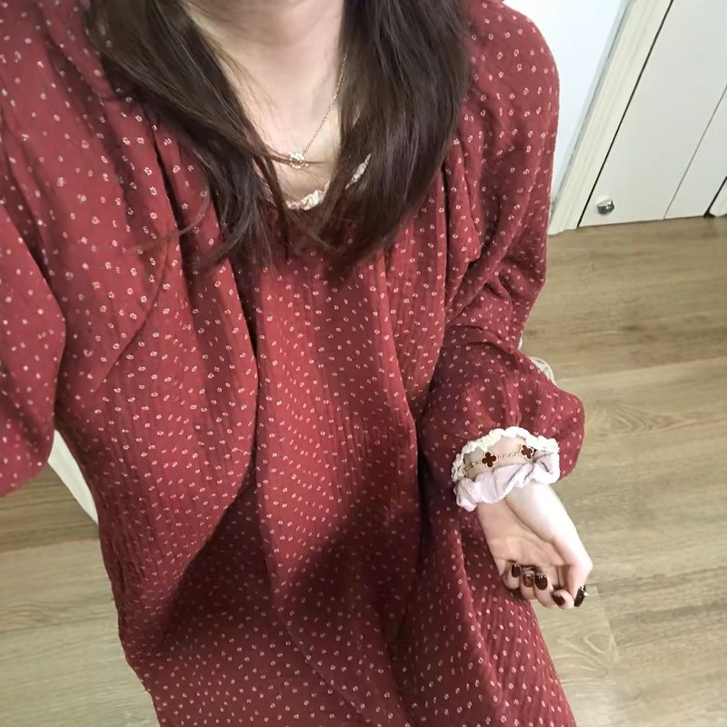少女甜美波点长袖睡衣女款春秋款新款大码家居服睡裙红色连衣裙子