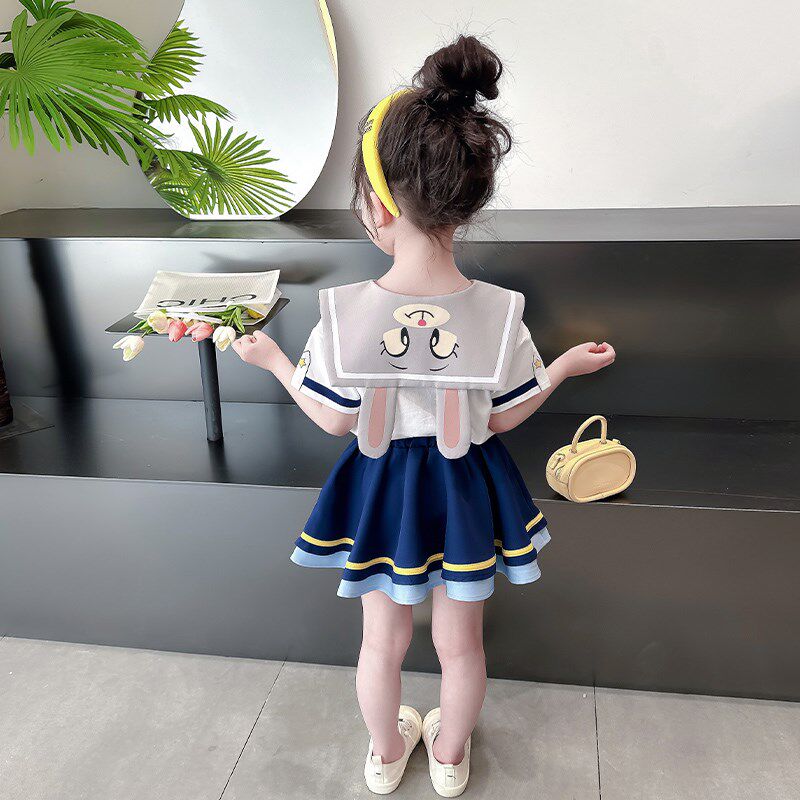 女童夏季2024新款兔耳夏款jk洋气女宝宝夏装时髦学院风百褶裙套装