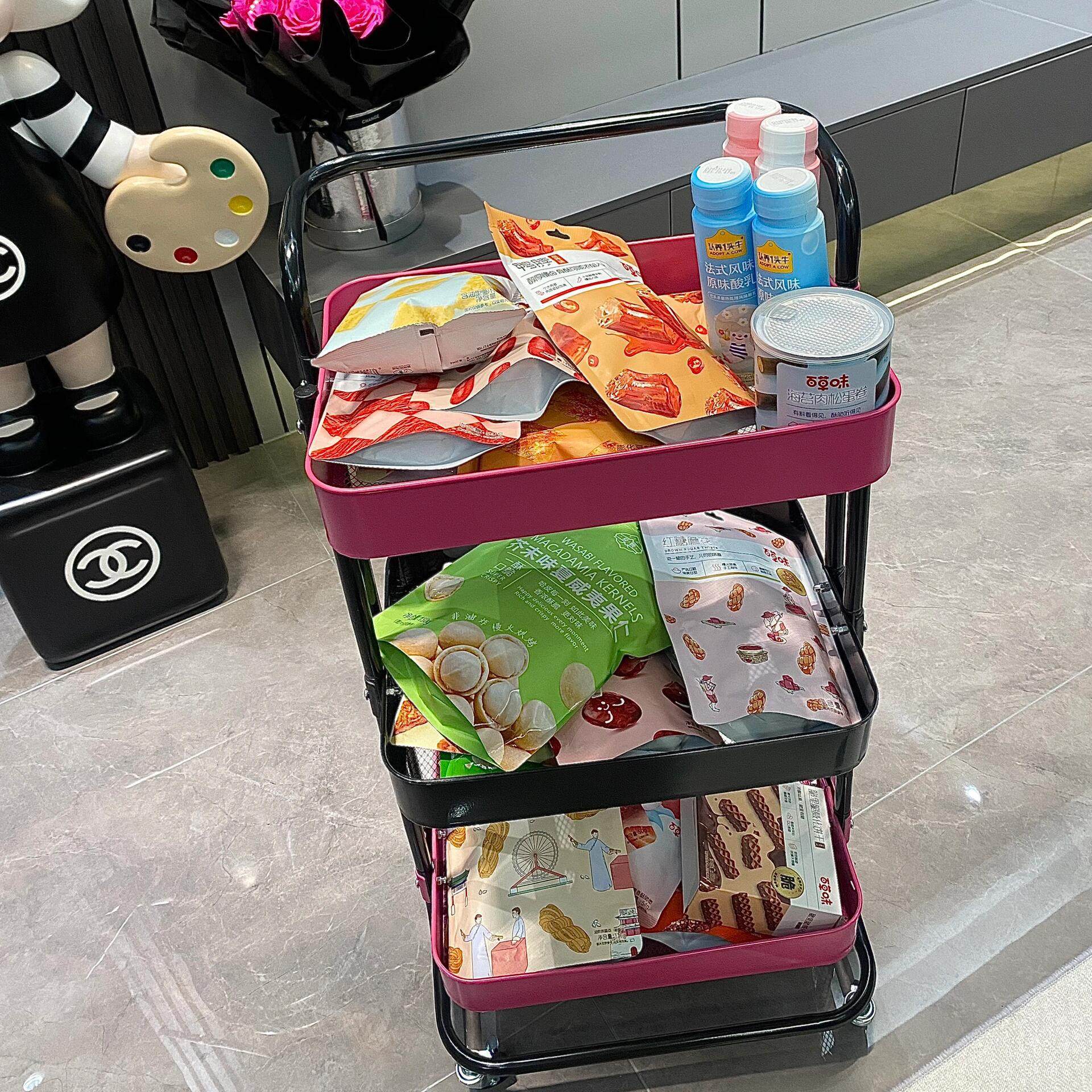 黑红色DIY小推车置物架三层落地带轮可移动婴儿用品厨房收纳架子