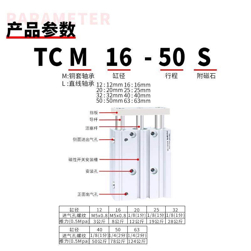 导向三杆三轴气缸TCM12/16/20/25/32/40/50/63-10x25x30x70S*250S