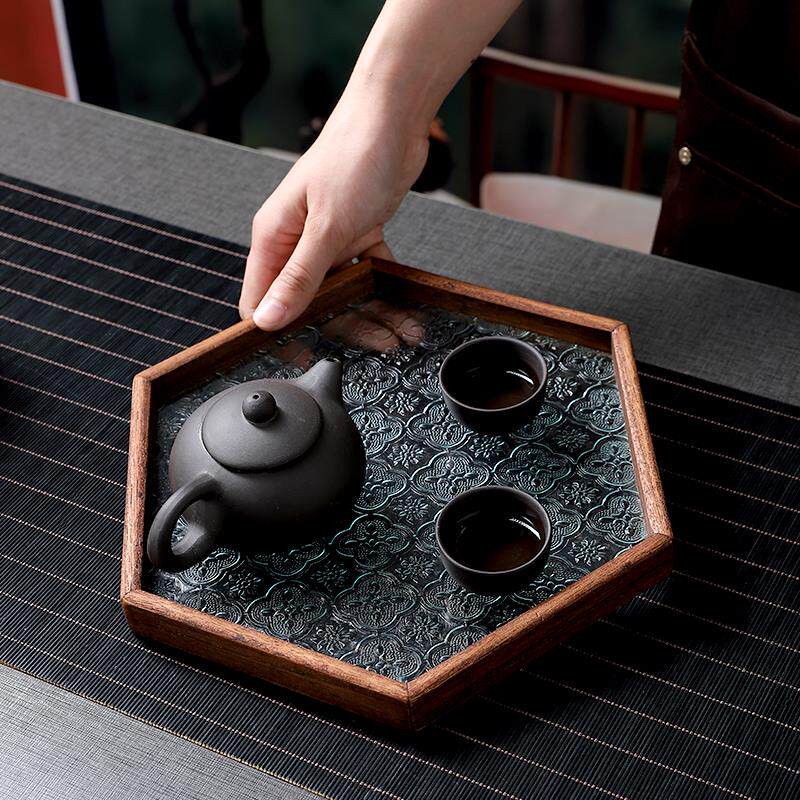胡桃色覆古海棠压花玻璃托 托盘杯子收纳盘茶接水盘家用点心水果