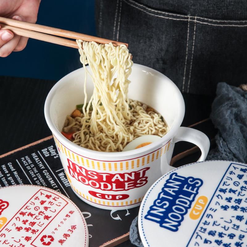 创意可爱家用日式陶瓷泡面 面碗带盖子面杯学生宿舍餐具家用大容