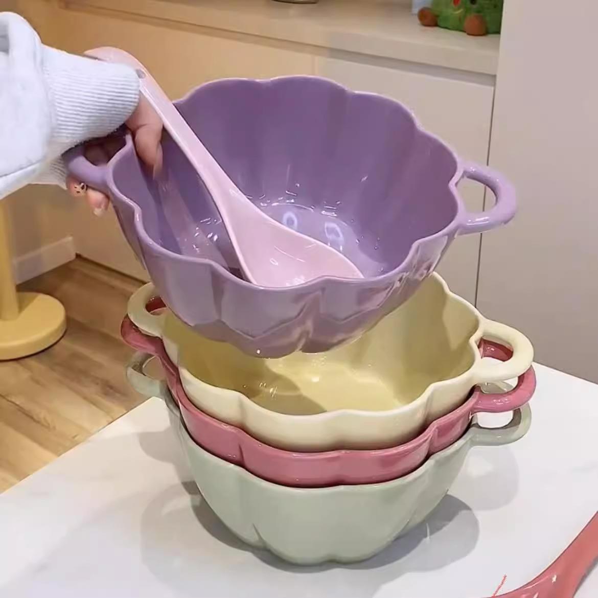 奶油风双耳陶瓷南瓜碗汤碗家用高颜值泡面碗水果沙拉碗螺蛳粉专用