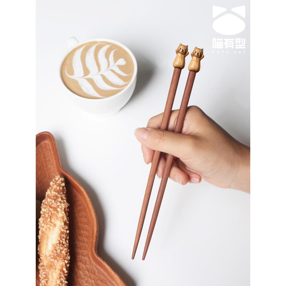 喵有型实木小猫咪筷子家用高档餐具成人儿童可爱木质筷子勺子套装