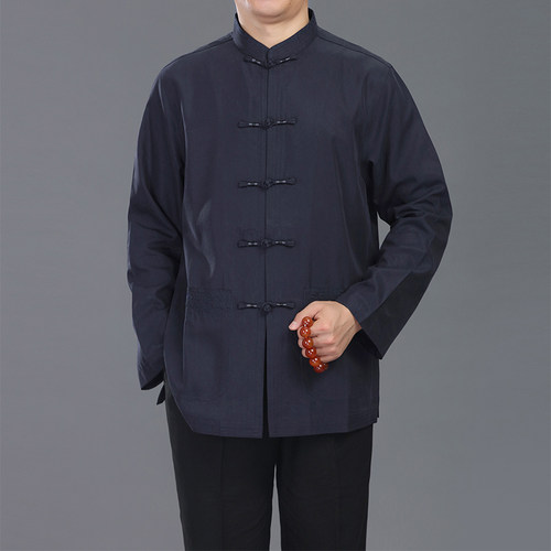 中青年唐装男秋季中式长袖衬衫中国风立领盘扣休闲青花刺绣上衣