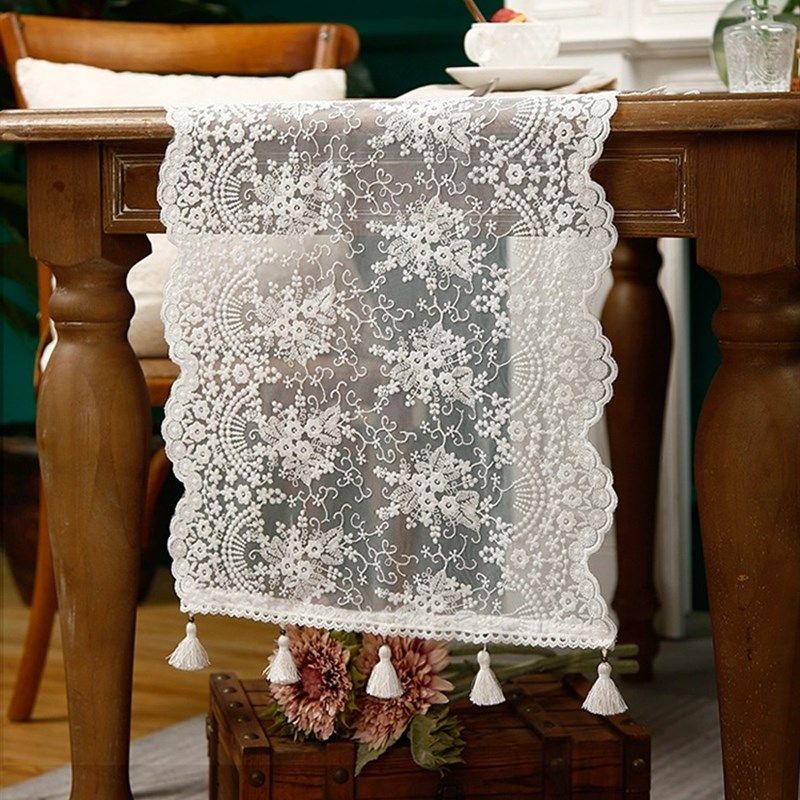 法式蕾丝桌旗餐桌高级感美式白色镂空餐边柜电视柜五斗柜盖布防尘