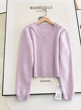 伊系の2023h秋冬时尚气质V领宽松百搭简约慵懒风紫色软糯针织毛衣