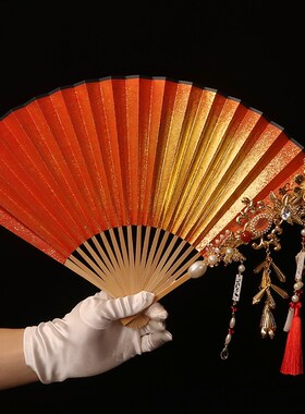 女扇折扇红色洒金流苏中国风古风C旗袍走秀女结婚手捧花送朋友礼