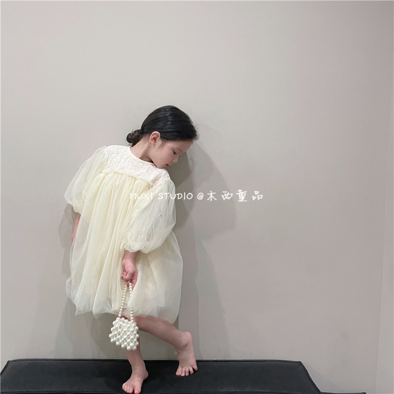 木西童品韩版女童宝宝公主裙蕾丝连衣裙奶油色仙女裙生日走秀裙子图片