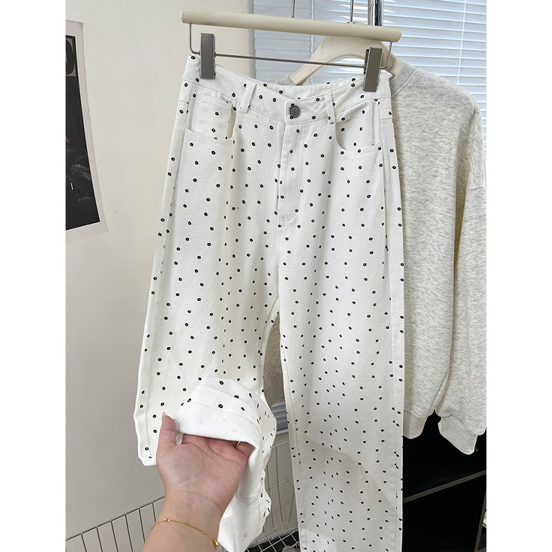 小个子150裤子白色o碎花牛仔阔腿裤女夏高腰显瘦宽松百搭直筒裤子