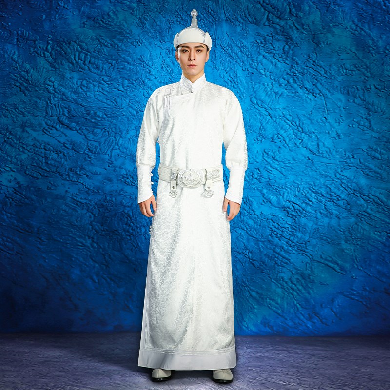 新款男士b时尚拍照蒙古袍婚礼新郎伴郎父母敬酒舞蹈演出服银白色