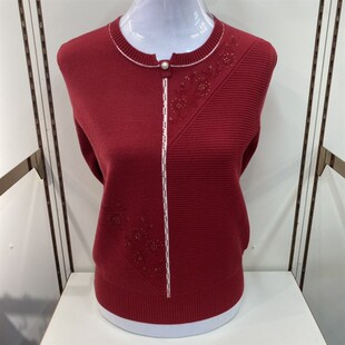 中年妈妈春秋上衣羊毛衫短款针织衫中老年K女装本命年红色毛衣打