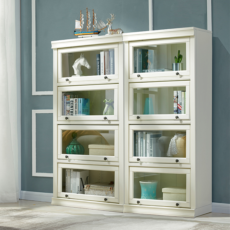美式书柜书架置物架柜子白色学生儿童实木书橱储物柜带玻璃门简约