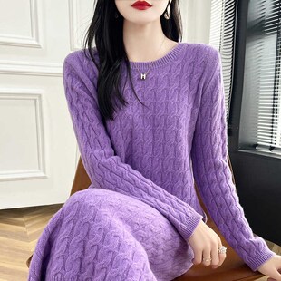 圆领扭花纯羊绒衫连衣裙y女中长款针织衫毛衣裙宽松羊毛衫长