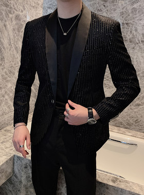 西装男休闲帅气网红小礼服时尚亮片E条纹黑色演出西服成人礼外套