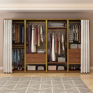 开放式衣柜衣帽间自制金属置物架铁艺卧室L落地步入式挂衣架带帘