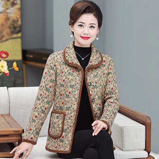 秋冬时尚妈妈装加绒短款小棉衣中B老年女装洋气休闲外套保暖花棉
