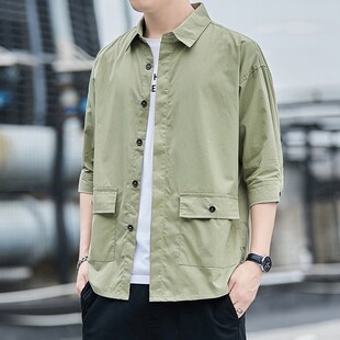 2023夏季新款男士七分袖衬衫大码宽松免烫纯棉Q外套休闲潮流工装