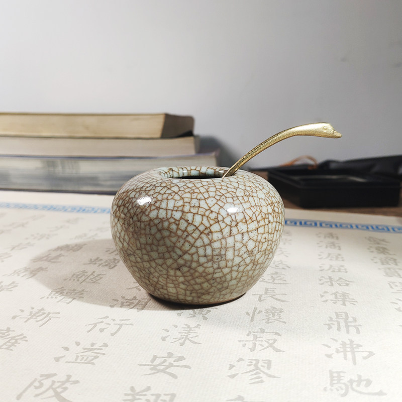 陶瓷水盂小号笔洗仿古冰裂开片水呈铜水勺水滴多功能文房用品摆件