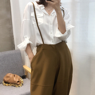 背带裤女夏季韩国复古高腰宽松休闲裤小个子O设计感阔腿九分哈伦