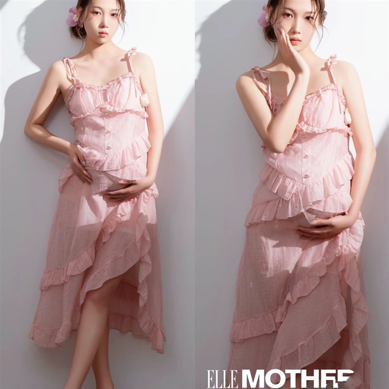 影楼新款不规则方领荷叶边连衣裙女孕妈收腰显瘦蛋糕裙Z气质长裙