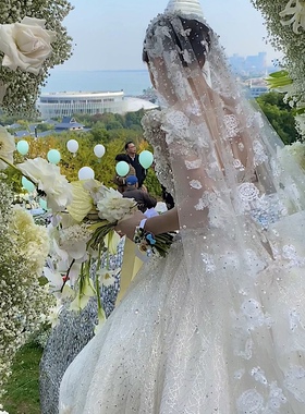 新娘头纱主婚纱森系重工珍珠蕾丝奢华超长款拖尾软纱旅拍2023新款