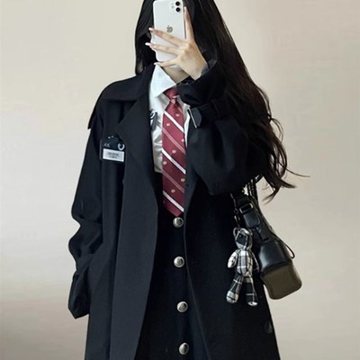 高级感黑色小个子风衣外套女2023年新款韩系学院风百搭.中长款秋