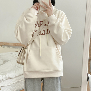 加绒卫衣女秋冬2021新款慵懒风杏色连帽上衣M宽松韩版bf套头衫外