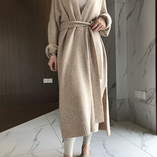 21春秋a冬新款中长版开衫女网红外套纯色羊毛衫用蓝色针织毛衣大