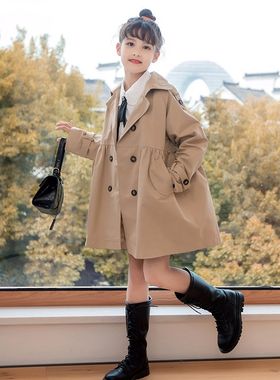 女童风衣外套春秋2024新款英伦风中长款儿童女大童洋气卡其色上衣